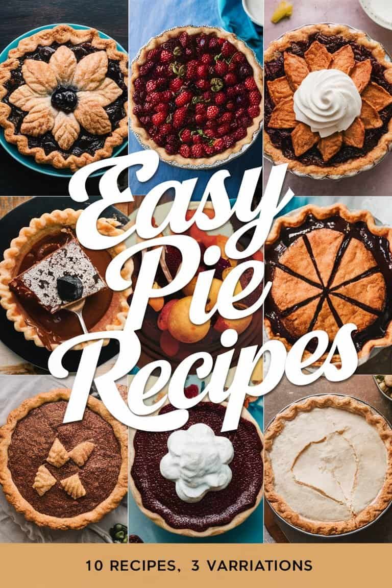 A collage of various delicious pies including fruit, cream, and chocolate varieties, with the text "Easy Pie Recipes" prominently displayed in the center, showcasing a range of dessert options for baking enthusiasts.