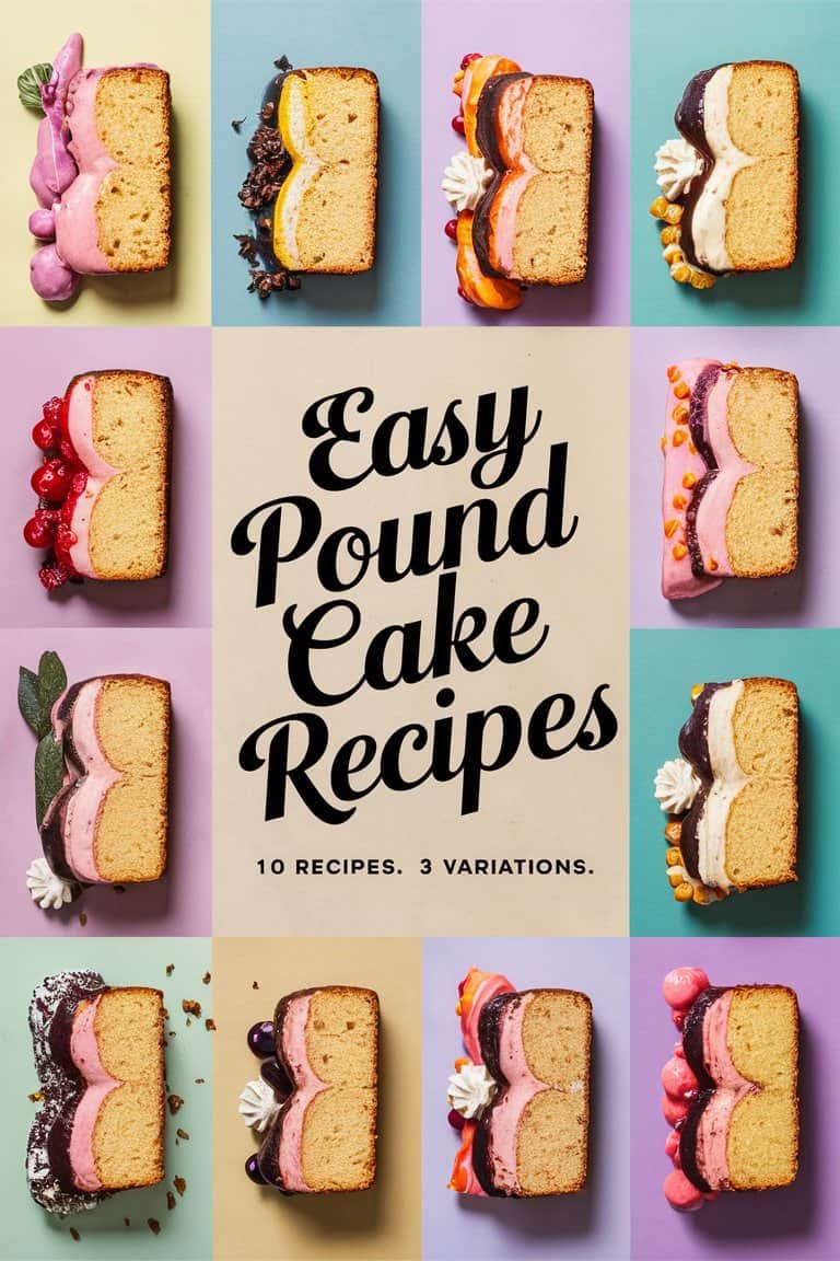 Colorful display of various pound cake slices topped with icing and fruits, featuring the text "Easy Pound Cake Recipes" with a subtitle highlighting 10 recipes and 4 variations. Ideal for dessert lovers seeking simple baking ideas.