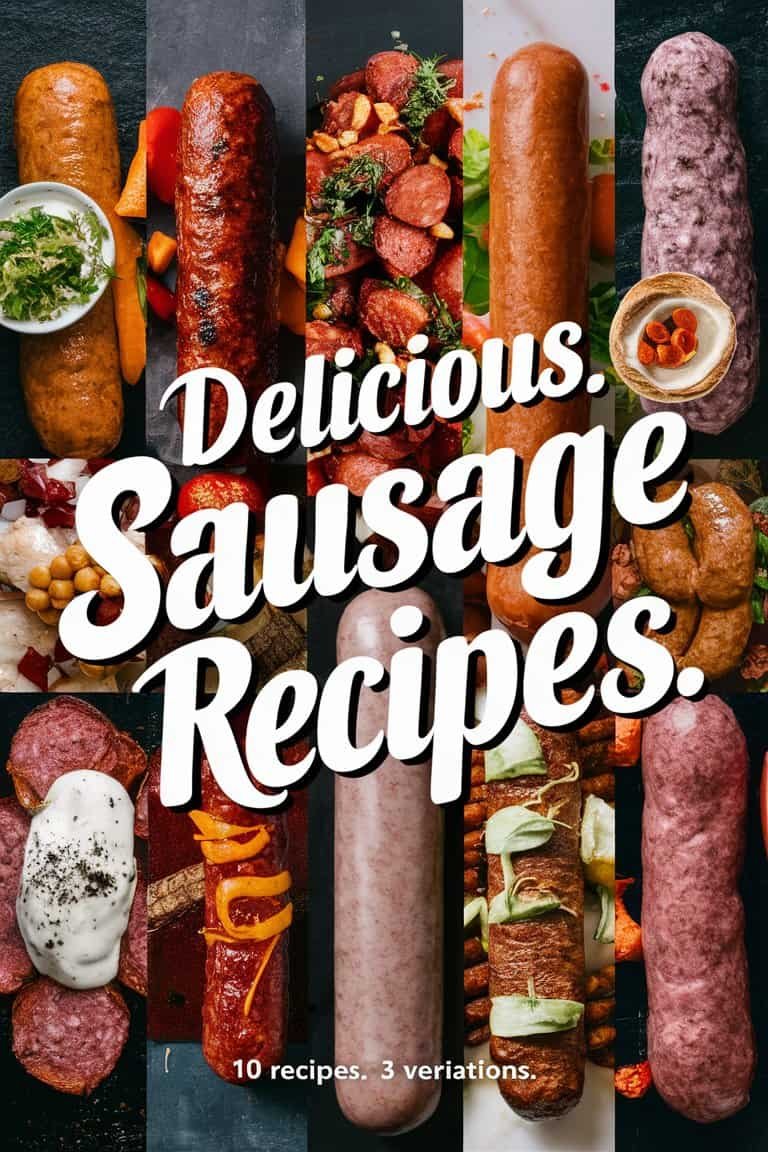 A variety of delicious sausage dishes arranged on a wooden surface, featuring different types of sausages, toppings, and condiments, with the text "Delicious Sausage Recipes" prominently displayed.