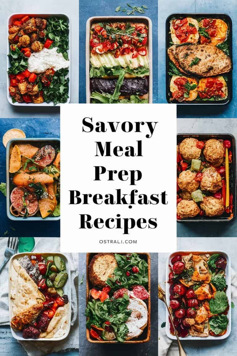 A variety of savory meal prep breakfast recipes displayed in meal containers, featuring colorful vegetables, proteins, and grains, with a central text overlay highlighting "Savory Meal Prep Breakfast Recipes."