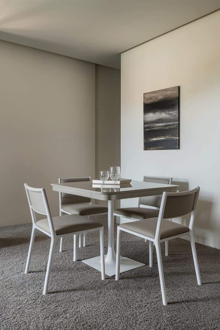 Modern dining area featuring a minimalist square table with four white chairs, complemented by a wall art piece in neutral tones. The space is well-lit, showcasing a clean and contemporary design aesthetic.