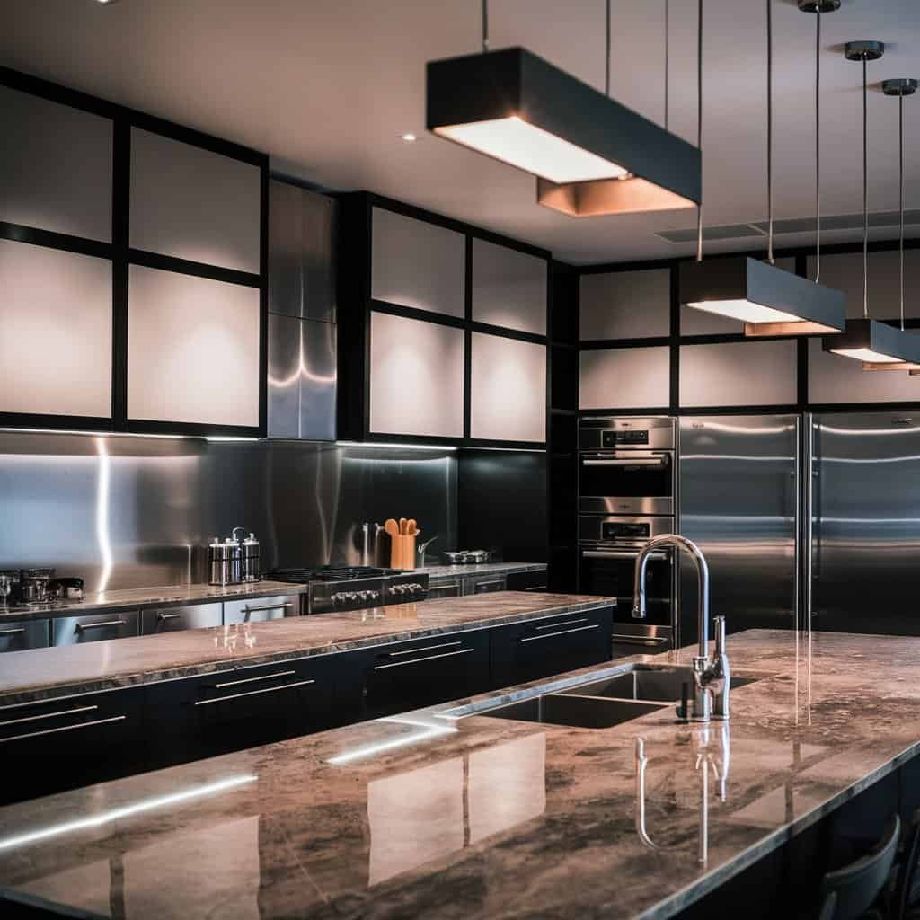 Modern kitchen design featuring sleek black cabinetry, a spacious marble countertop, and stylish pendant lighting.