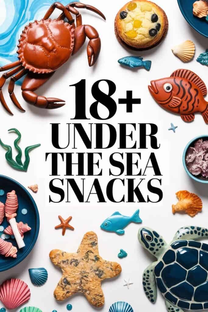 Colorful display of 18+ themed under-the-sea snacks featuring a crab, fish-shaped treats, starfish cookies, and ocean-inspired candies on a white background.