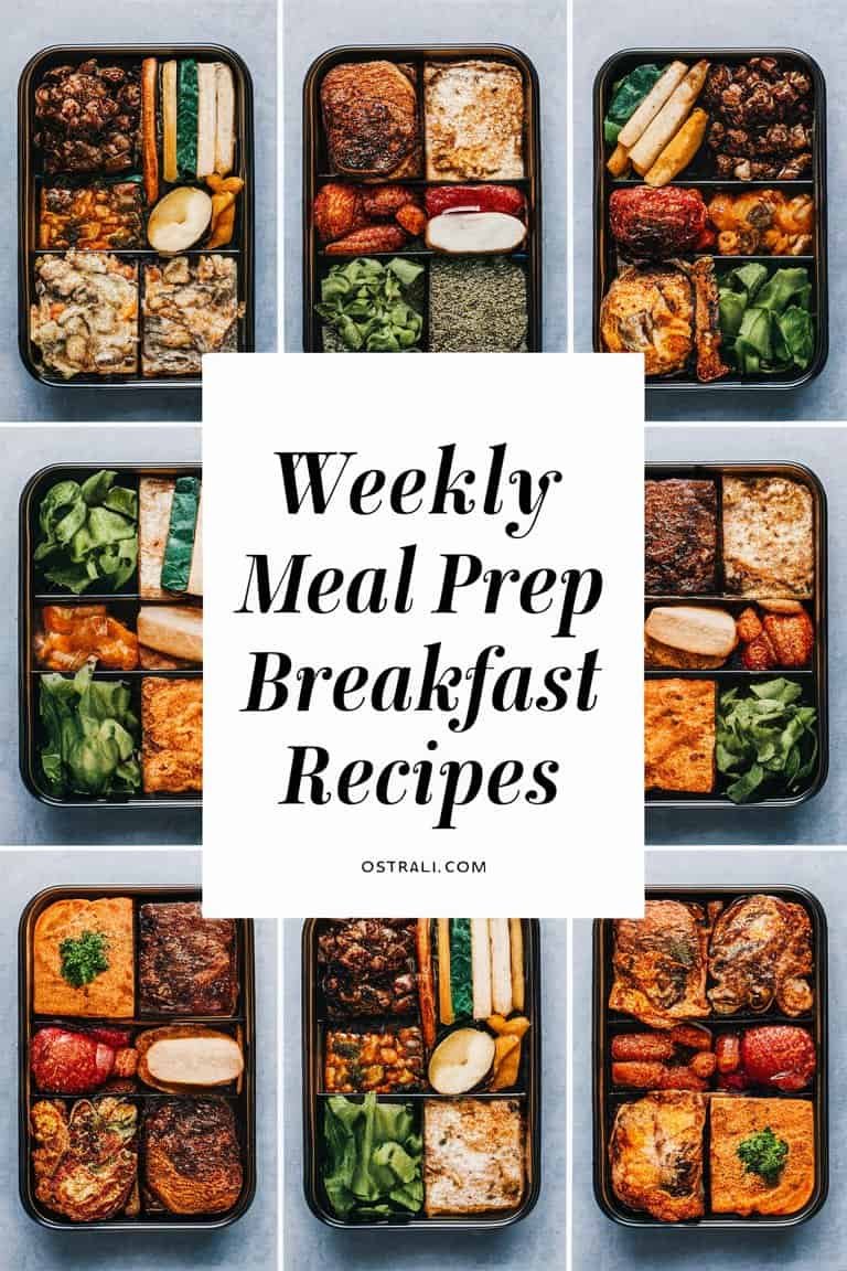 A collection of healthy meal prep breakfast recipes arranged in containers, featuring a variety of nutritious ingredients for easy weekly planning.