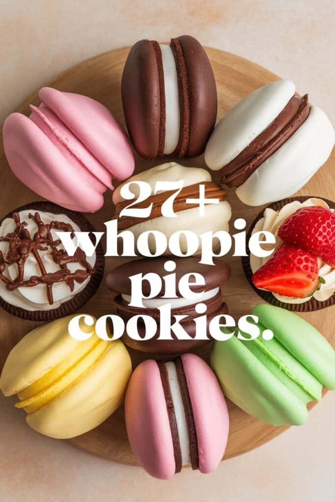 Colorful assortment of whoopie pie cookies, featuring flavors like chocolate, vanilla, strawberry, and mint, arranged on a wooden platter.