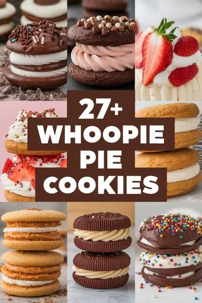 A collage of various whoopie pie cookies, featuring over 27 different flavors and styles, including chocolate and vanilla cookies with colorful frostings and toppings, perfect for dessert lovers.