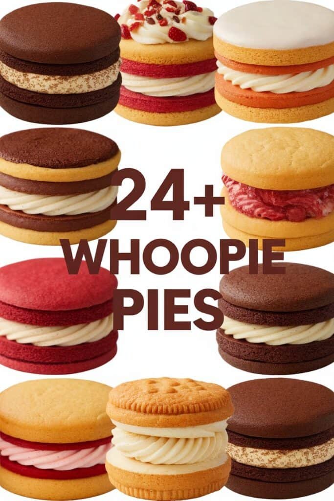 A variety of whoopie pies featuring over 24 flavors, including chocolate, red velvet, and vanilla, with creamy fillings, displayed in an appealing arrangement.