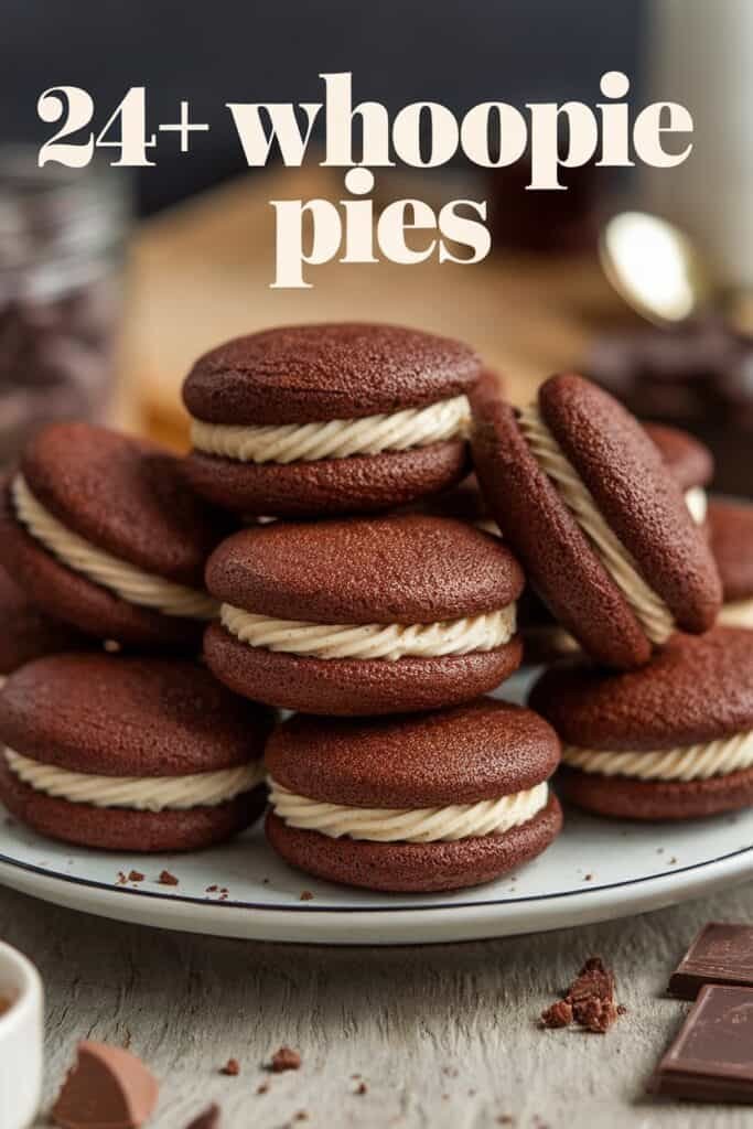 A close-up of a stack of chocolate whoopie pies filled with creamy frosting, showcasing over 24 delicious treats on a plate, perfect for dessert lovers and baking enthusiasts.