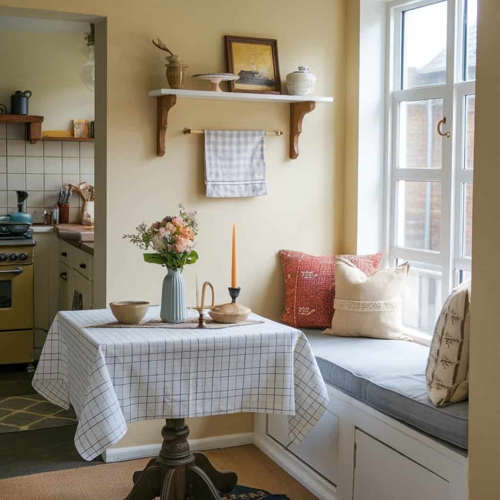 Cozy kitchen nook featuring a small dining table with a white tablecloth, a vase of flowers, and candles, complemented by a window seat adorned with colorful cushions. The warm yellow walls and wooden shelves add to the inviting atmosphere.