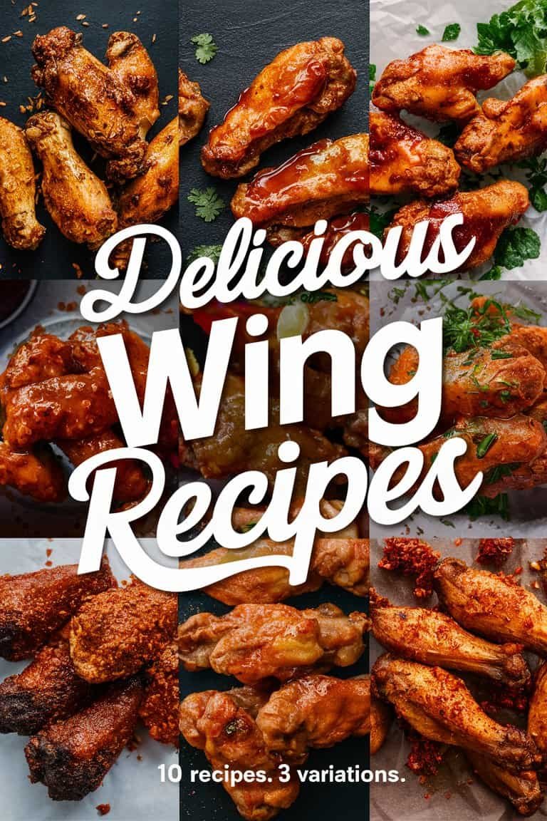 A collection of mouthwatering chicken wings featuring various flavors, accompanied by text promoting delicious wing recipes.