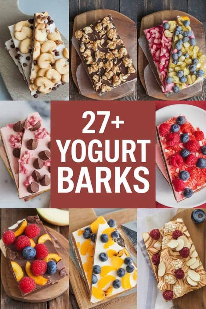 A visually appealing collage of various yogurt barks featuring different toppings such as fruits, nuts, and chocolate. The image highlights over 27 unique yogurt bark recipes, showcasing flavors like raspberry, blueberry, and chocolate, perfect for healthy snacking or dessert options.