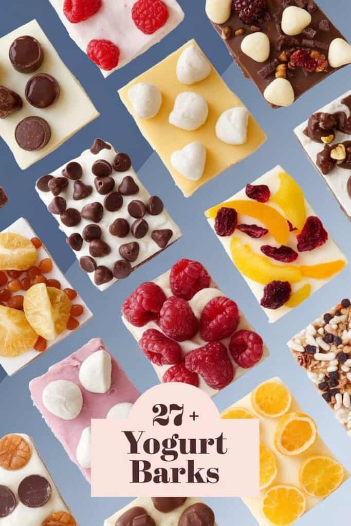 An assortment of colorful yogurt barks featuring toppings like chocolate chips, raspberries, dried fruits, and marshmallows, showcasing 27+ unique recipes for a healthy and delicious snack option.