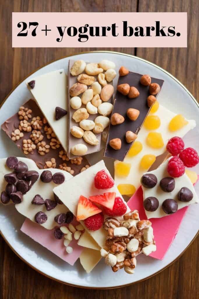 A colorful assortment of yogurt barks displayed on a white plate, featuring various toppings such as nuts, chocolate chips, and fresh fruits like strawberries and raspberries, highlighting over 27 creative yogurt bark recipes.