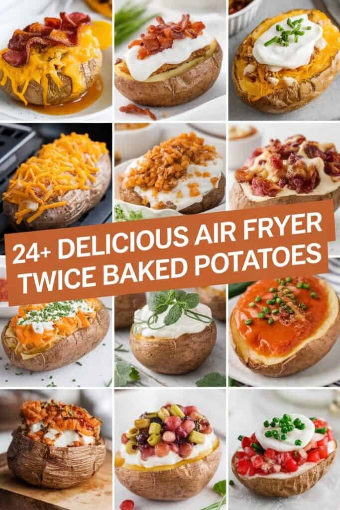 A collage of 24+ delicious air fryer twice-baked potatoes, featuring various toppings such as cheese, bacon, sour cream, and vegetables, showcasing different presentation styles and flavors.