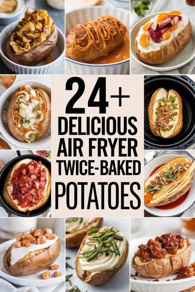 A collage of 24+ air fryer twice-baked potato recipes featuring various toppings and presentations, showcasing delicious, creative ways to enjoy this versatile dish.