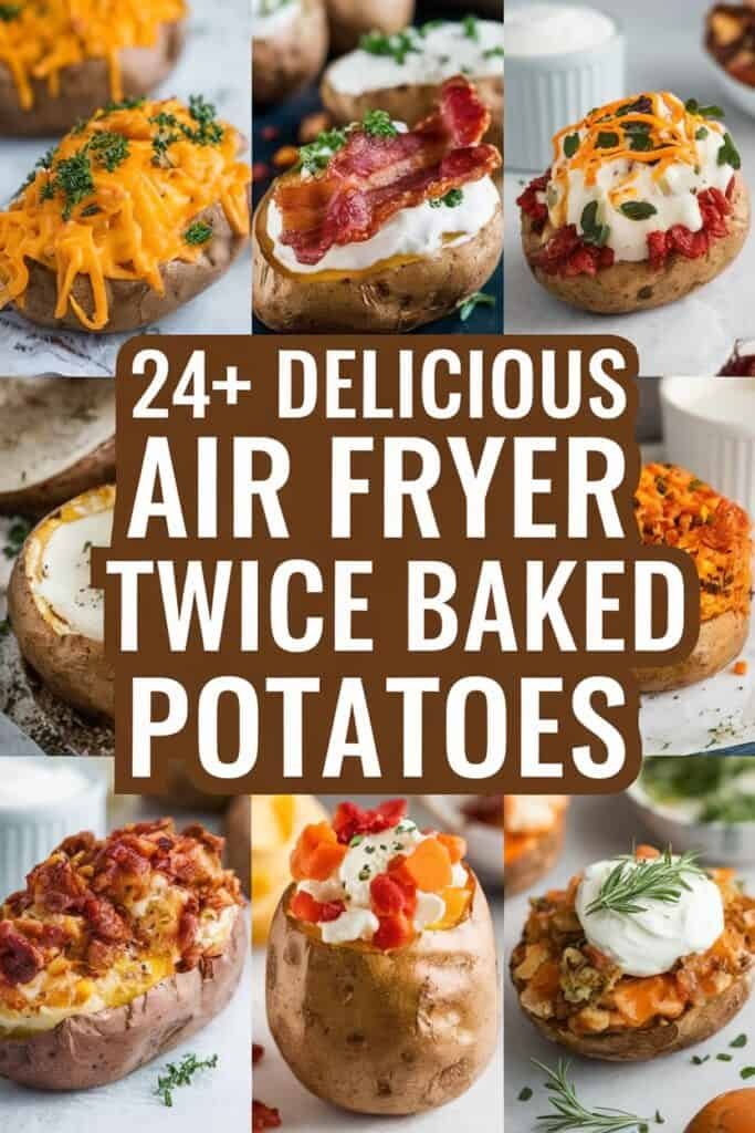 A collage of delicious air fryer twice-baked potatoes featuring various toppings like cheese, bacon, and sour cream, showcasing over 24 recipe ideas for this easy and tasty dish.