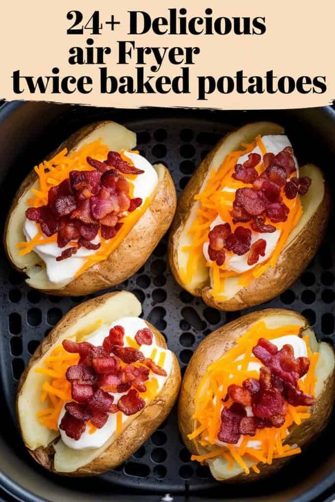 Air fryer twice baked potatoes topped with shredded cheddar cheese, crispy bacon bits, and sour cream, showcasing a delicious and easy recipe for a hearty side dish or appetizer.