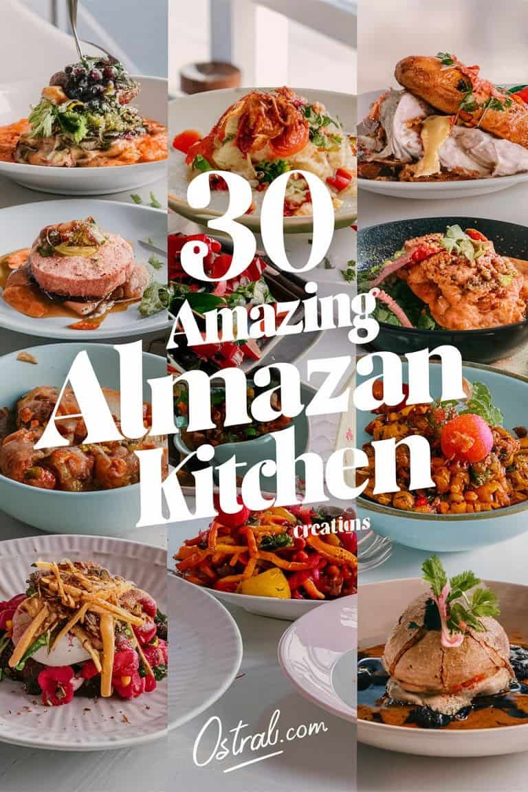 A vibrant collage of various dishes from Almazan Kitchen, showcasing 30 amazing recipes. The image features colorful plates filled with diverse cuisines, highlighting the creativity and culinary artistry of Almazan Kitchen.