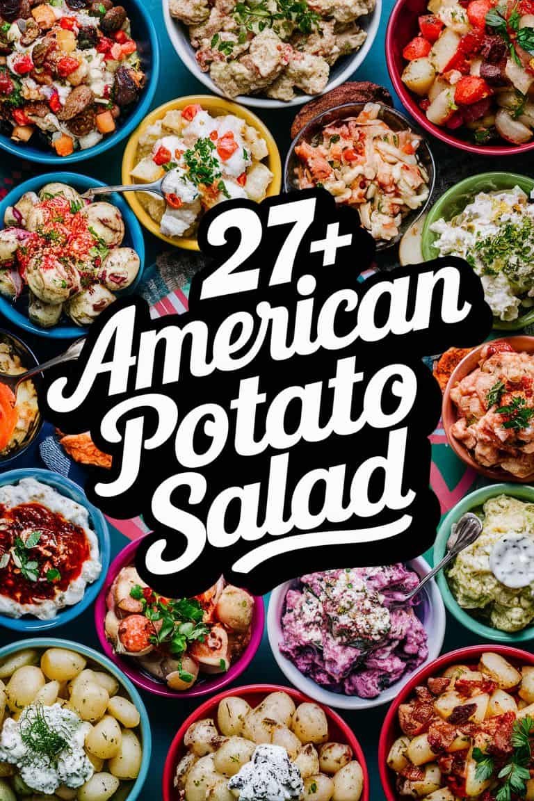 A colorful assortment of over 27 different American potato salad varieties displayed in bowls, featuring ingredients like potatoes, mayonnaise, herbs, and vegetables.