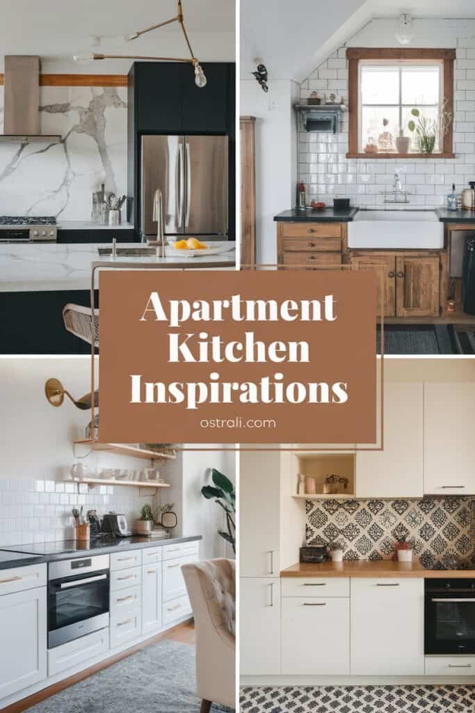 Collage of modern apartment kitchen designs featuring various styles: sleek black cabinetry with marble accents, rustic wooden elements, minimalist white kitchens, and decorative tile backsplashes. Ideal for inspiration on apartment kitchen aesthetics.