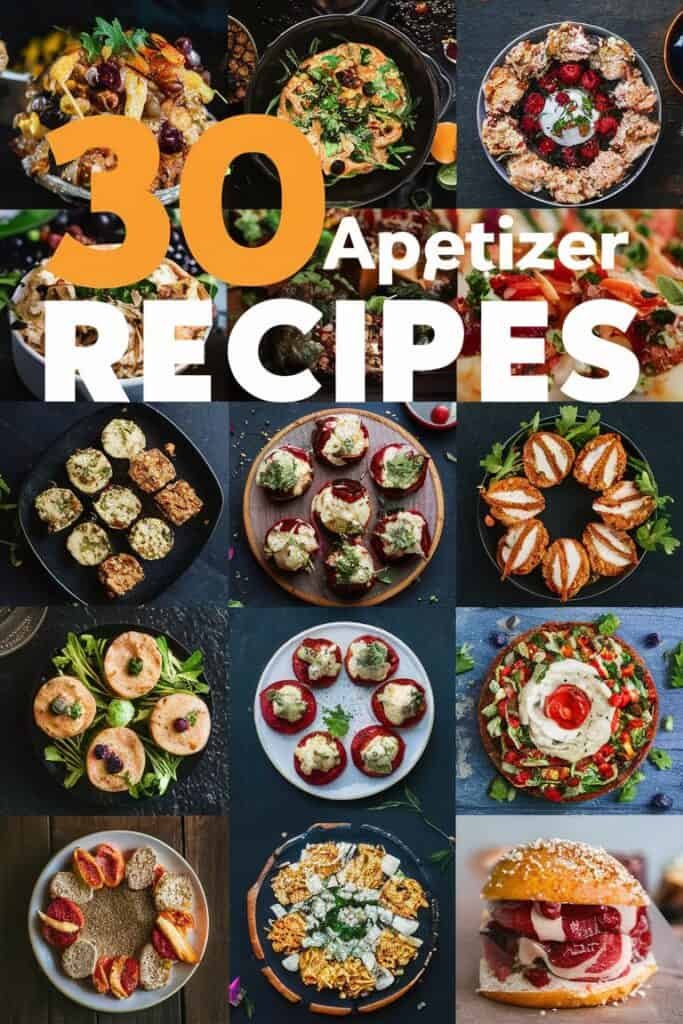 A collage of 30 delicious appetizer recipes featuring a variety of dishes including baked items, dips, and garnished plates, perfect for gatherings and parties.