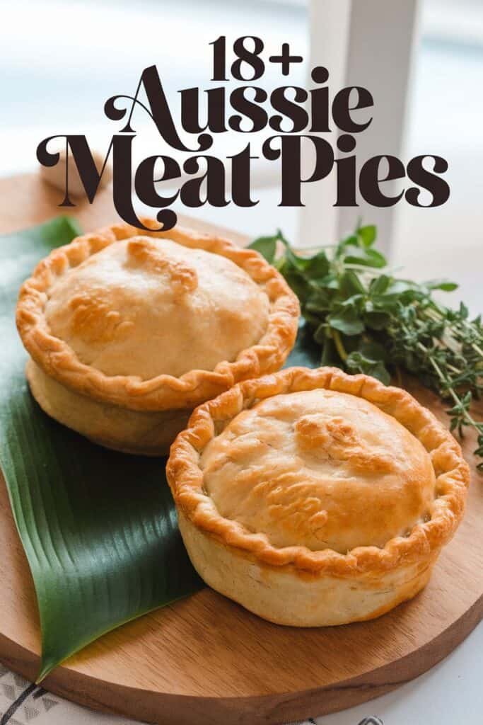 Two golden-brown Aussie meat pies on a wooden serving board, accompanied by fresh herbs, highlighting a classic Australian dish perfect for gatherings and celebrations.