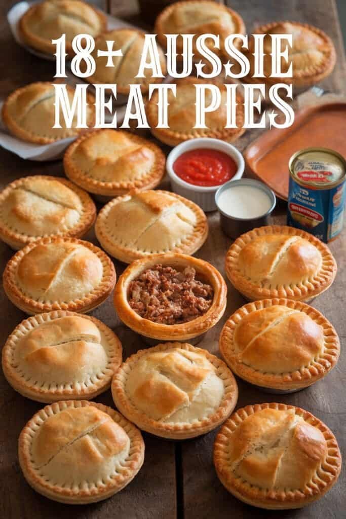 A variety of 18+ Aussie meat pies displayed on a wooden table, featuring both whole pies and a pie filled with minced meat, accompanied by small bowls of ketchup and cream.