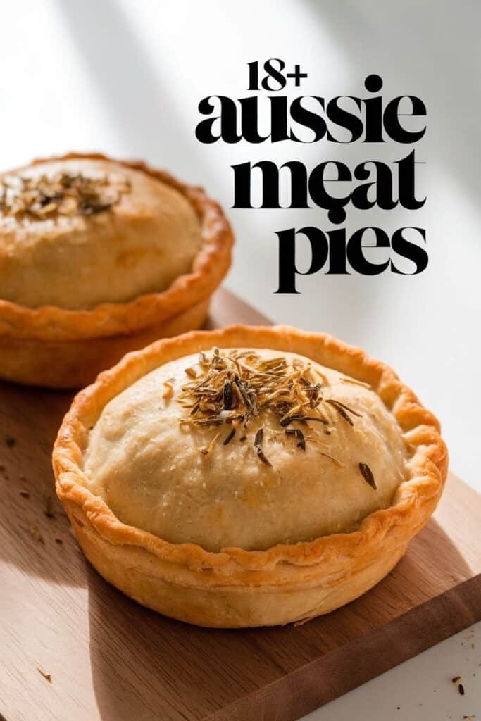 Two golden-brown Aussie meat pies with a flaky crust, topped with herbs, displayed on a wooden cutting board. The image emphasizes the savory filling and traditional Australian cuisine.