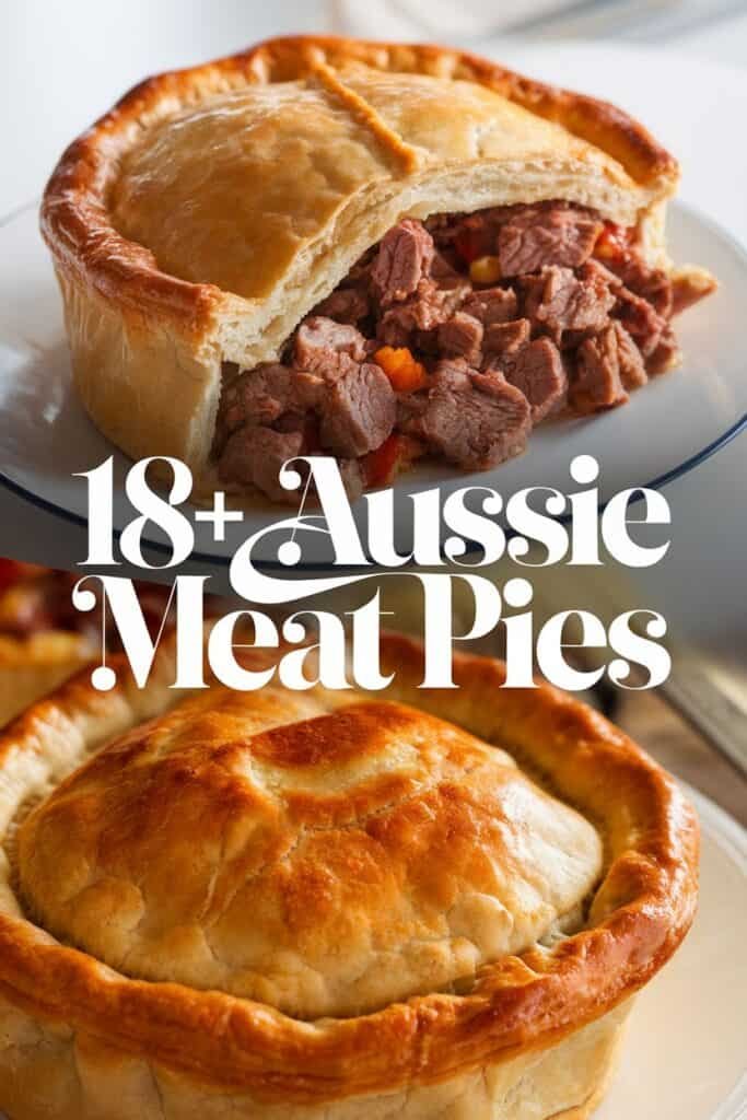 Close-up of two delicious Aussie meat pies, featuring a golden-brown flaky crust. The top pie showcases a rich filling of diced meat and colorful vegetables, while the bottom pie has a perfectly baked, rounded appearance. Ideal for showcasing traditional Australian cuisine.