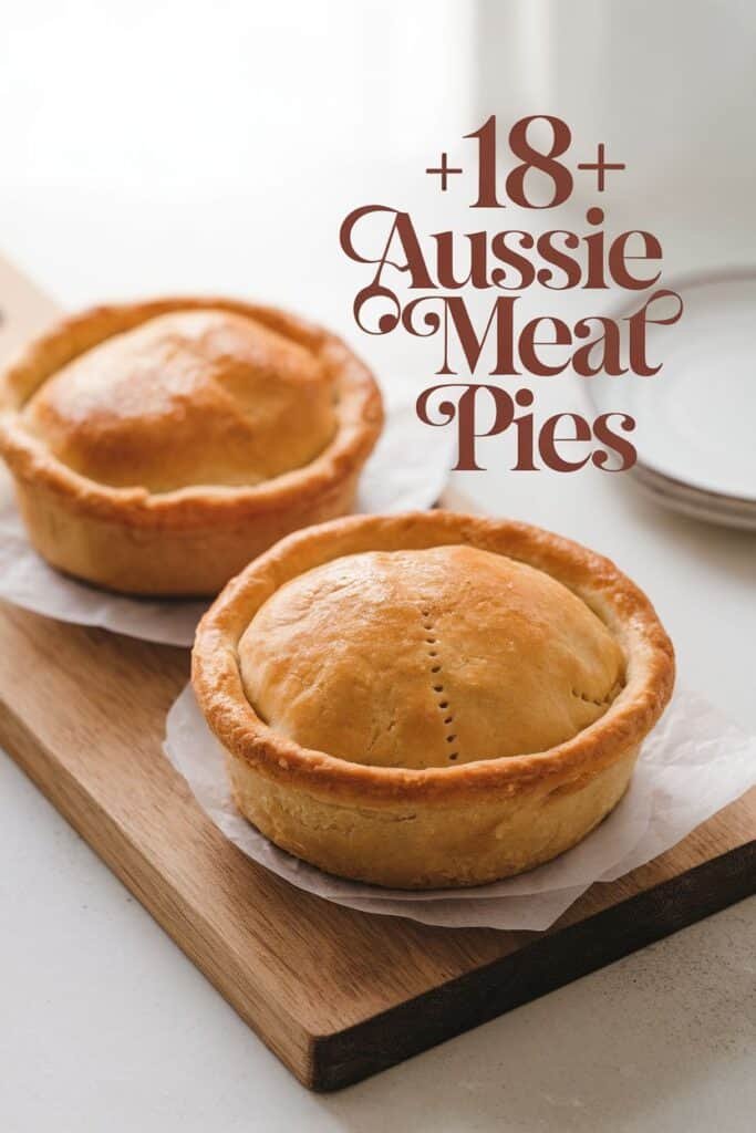 Two golden-brown Aussie meat pies on a wooden board, showcasing flaky pastry and a delicious filling. The image highlights the traditional Australian dish, perfect for food enthusiasts and recipe seekers.