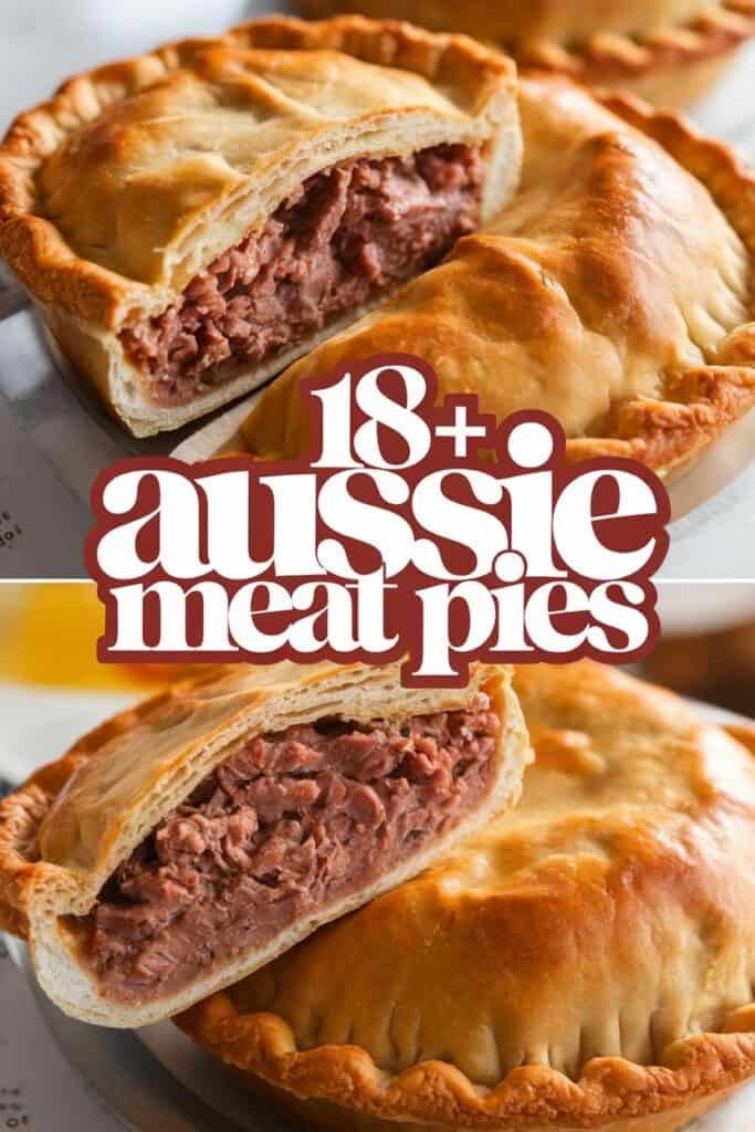 Aussie meat pies with golden crusts, one pie cut in half to reveal a savory filling of minced meat. Perfect for a hearty meal or snack, showcasing the traditional Australian culinary favorite.