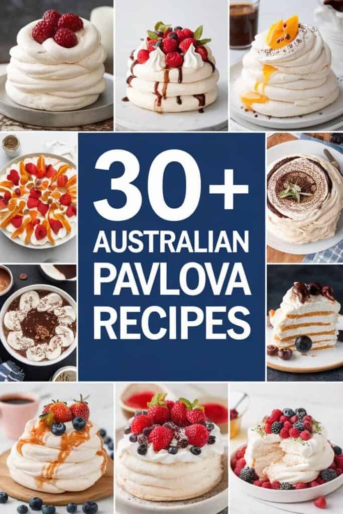 A collage of over 30 Australian pavlova recipes featuring various pavlova desserts topped with fresh fruits like raspberries, blueberries, and oranges, showcasing different styles and presentations.