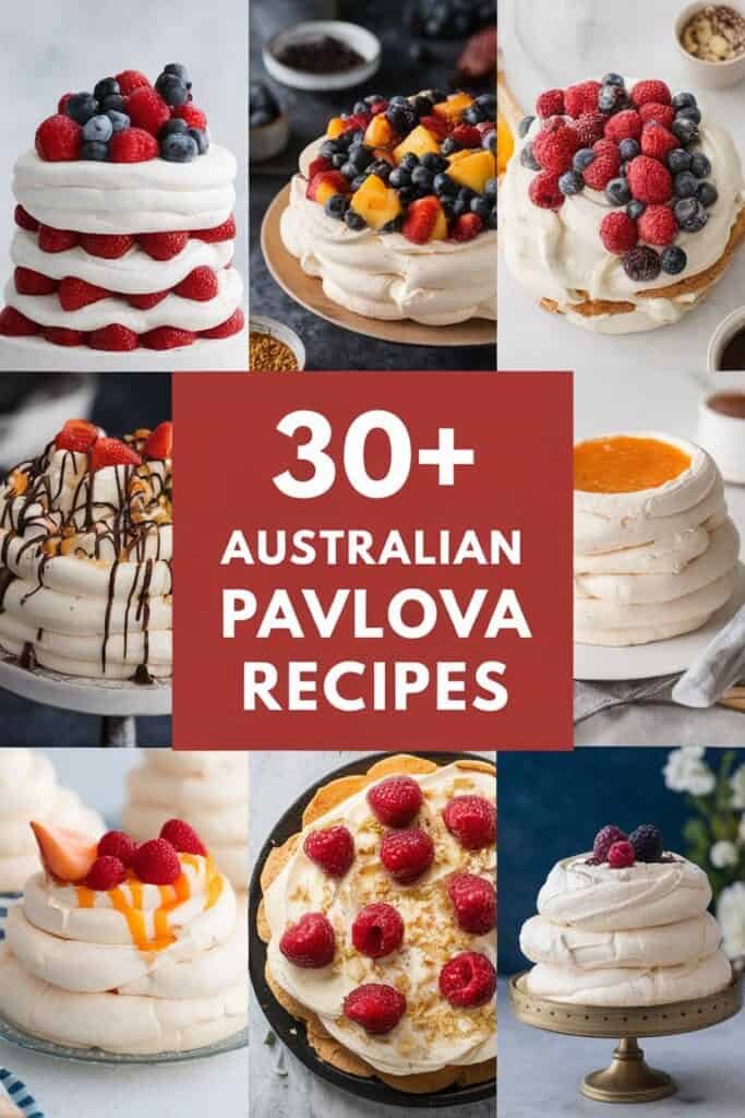 Collage of over 30 Australian Pavlova recipes featuring various styles, toppings, and presentations, including meringue bases topped with fresh fruits like raspberries, blueberries, and mangoes, showcasing delicious dessert options.