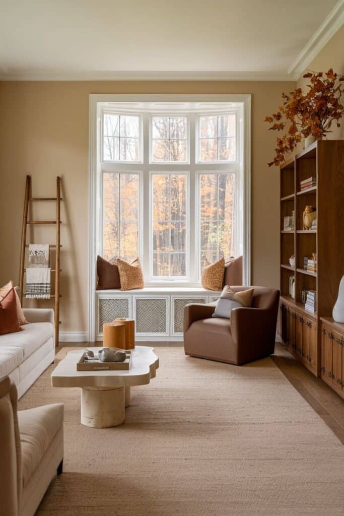 Cozy living room featuring a large bay window with autumn views, a beige sofa with decorative pillows, a modern brown armchair, a unique coffee table, and a wooden bookshelf filled with decor and books. A ladder shelf adds texture, enhancing the inviting atmosphere of the space.