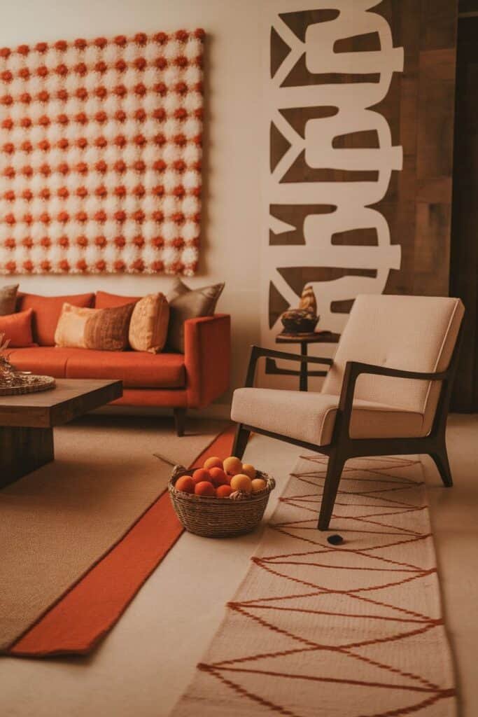 Cozy living room featuring an orange sofa adorned with decorative pillows, a modern beige armchair, and a wooden coffee table. The space is accentuated by a textured wall art piece and a patterned rug, while a basket of colorful decorative balls adds a vibrant touch.