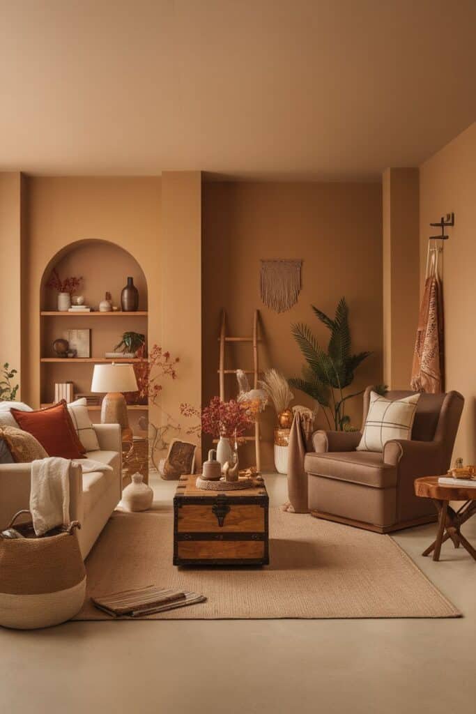 Cozy living room interior featuring a beige sofa with decorative cushions, a brown armchair, a wooden coffee table, and a vintage trunk. The room is adorned with earthy tones, plants, and decorative accents, creating a warm and inviting atmosphere. Shelves display stylish decor, while a textured rug adds comfort to the space.