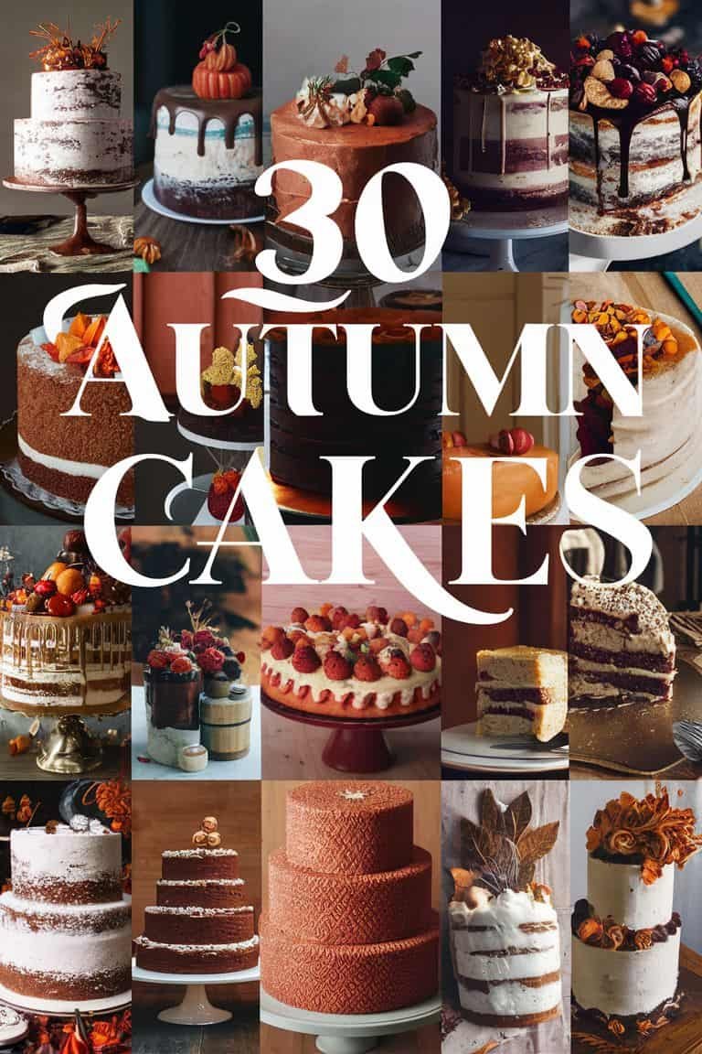 Collage of 30 autumn-themed cakes, showcasing a variety of flavors and designs, including pumpkin, chocolate, and spice cakes, decorated with seasonal elements like leaves and fruits. Perfect for autumn celebrations and gatherings.