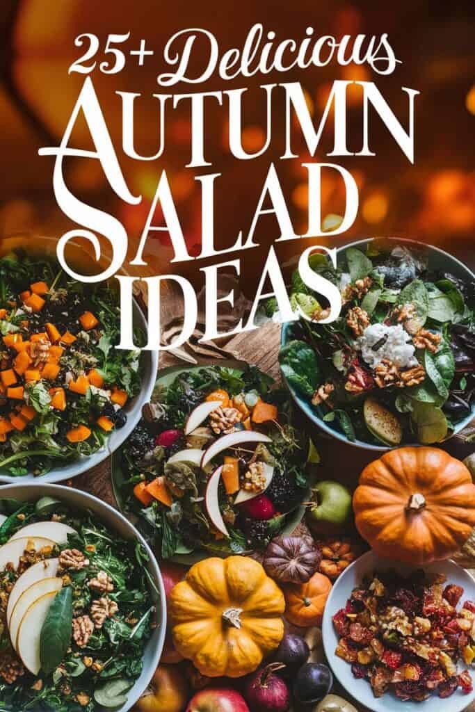 Colorful autumn salads displayed in bowls, featuring seasonal ingredients like pumpkin, apples, and nuts, with a warm, inviting background. Perfect for fall meal inspiration.