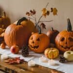 Colorful assortment of carved pumpkins and decorative gourds on a wooden table, surrounded by autumn leaves, pinecones, and candles, creating a festive Halloween atmosphere.