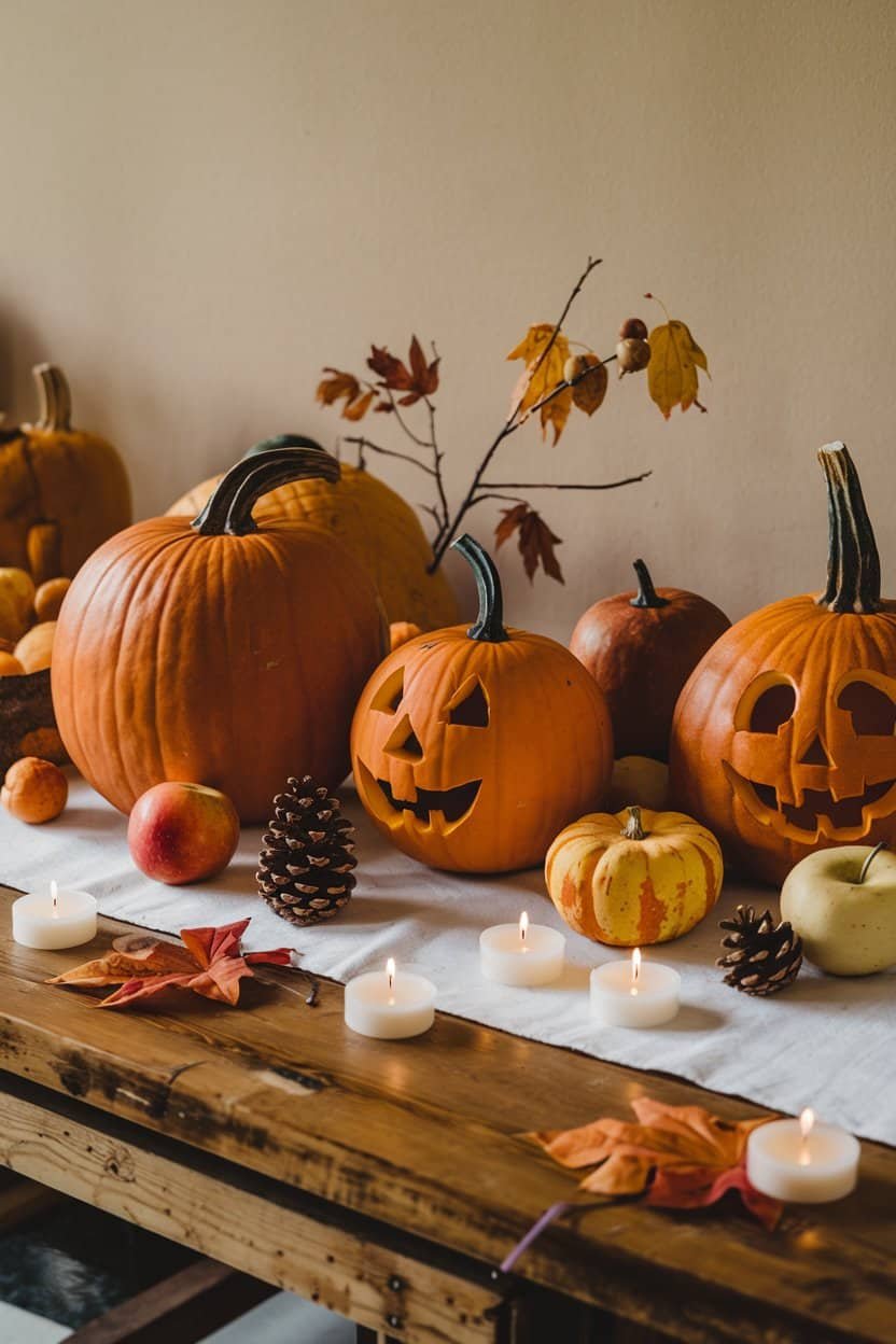 Colorful assortment of carved pumpkins and decorative gourds on a wooden table, surrounded by autumn leaves, pinecones, and candles, creating a festive Halloween atmosphere.