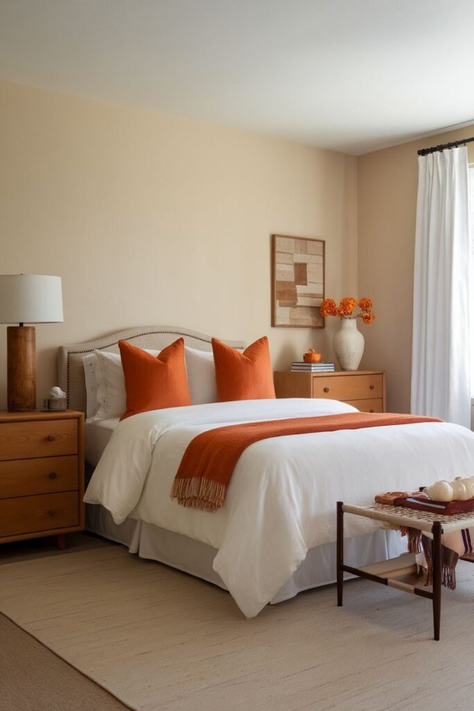 Stylish bedroom featuring a cozy white bed with orange accent pillows and a matching throw blanket, complemented by wooden furniture and decorative elements like a vase of orange flowers and a framed artwork. Bright natural light filters through sheer curtains, creating a warm and inviting atmosphere.