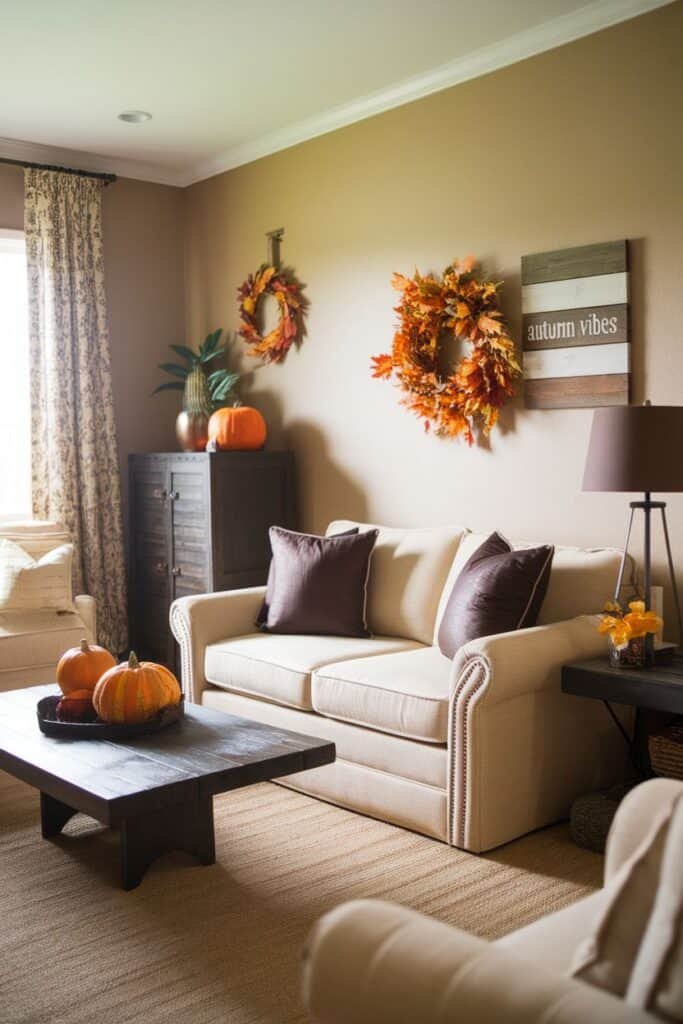 Cozy autumn-themed living room featuring a beige sofa with brown pillows, a rustic wooden coffee table adorned with pumpkins, and decorative wreaths of fall leaves on the walls. A warm atmosphere is enhanced by natural light filtering through patterned curtains.