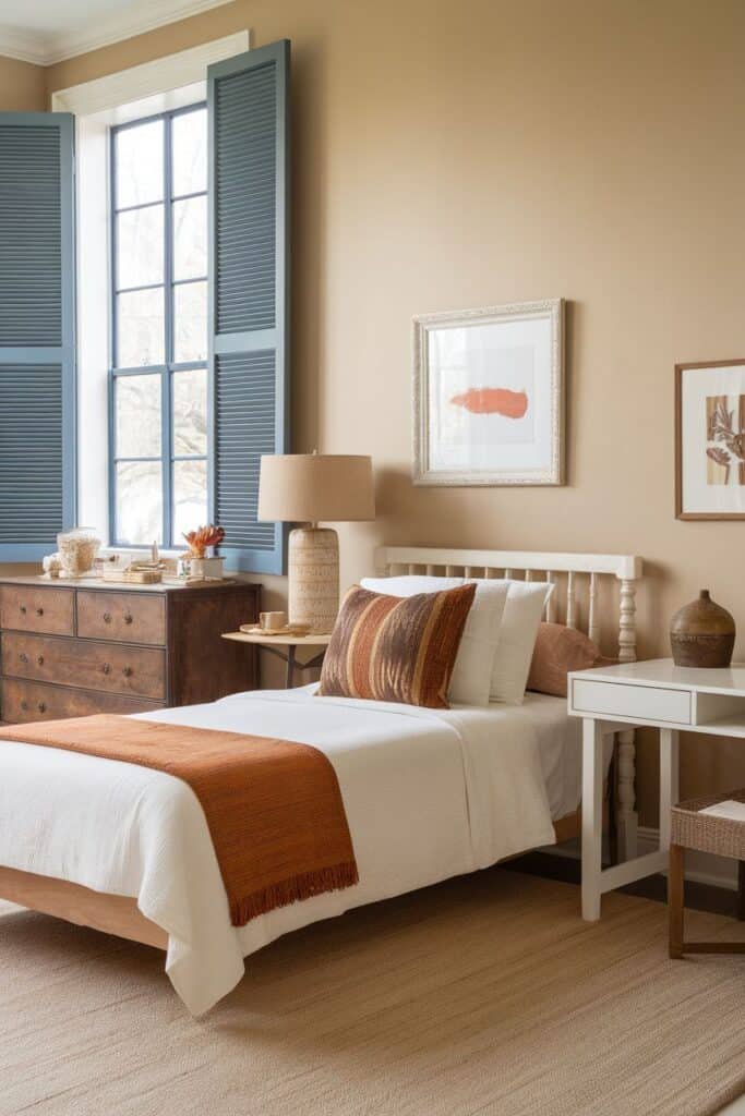 Cozy bedroom interior featuring a white bed with an orange throw blanket, decorative pillows, and a wooden nightstand. Soft lighting from a beige lamp complements the earthy tones of the walls and furnishings. Large windows with blue shutters provide natural light, enhancing the serene atmosphere. A wooden dresser and decorative art pieces add character to the space.