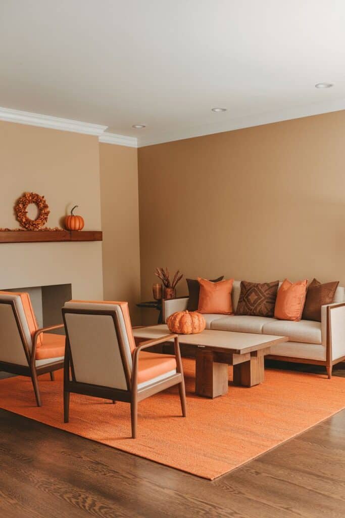 Cozy living room decorated for fall, featuring a neutral color palette with orange accents. A comfortable sofa with decorative pillows sits on an orange rug, accompanied by two matching chairs. Seasonal decor includes a pumpkin and a wreath, enhancing the autumn ambiance.