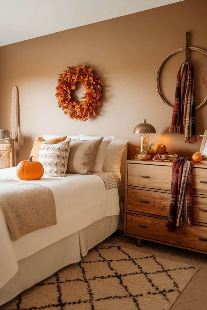 Cozy autumn-themed bedroom featuring a warm color palette with a decorative orange wreath, a pumpkin on the bed, and plaid blankets draped over a wooden dresser, creating a seasonal and inviting atmosphere.