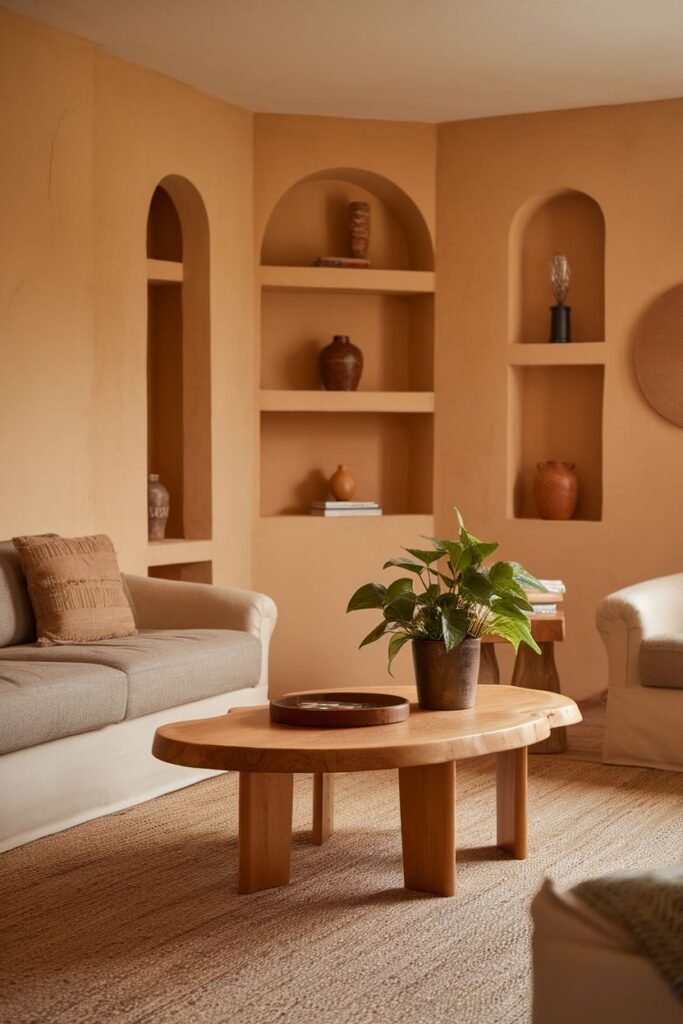 Cozy living room interior featuring a light brown color palette, a wooden coffee table, potted plant, and decorative shelves with pottery. The space is designed for comfort with a sofa and armchair, complemented by a textured rug.