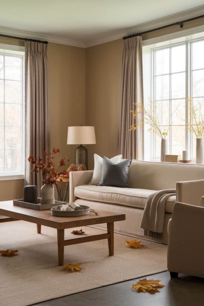 Cozy living room featuring a neutral-colored sofa with decorative pillows, a wooden coffee table, and autumn leaves scattered on the floor. Natural light streams through large windows adorned with beige curtains, highlighting a warm and inviting atmosphere.