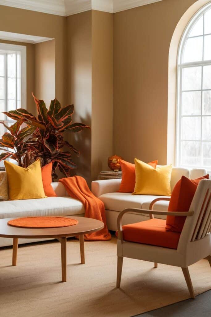 Bright and inviting living room featuring a white sectional sofa adorned with yellow and orange pillows, complemented by an orange throw blanket. A round wooden coffee table sits in the center with an orange placemat, while a vibrant potted plant adds a touch of greenery. The walls are painted a warm beige, enhancing the cozy atmosphere. Natural light streams in through a large arched window, creating a welcoming space.