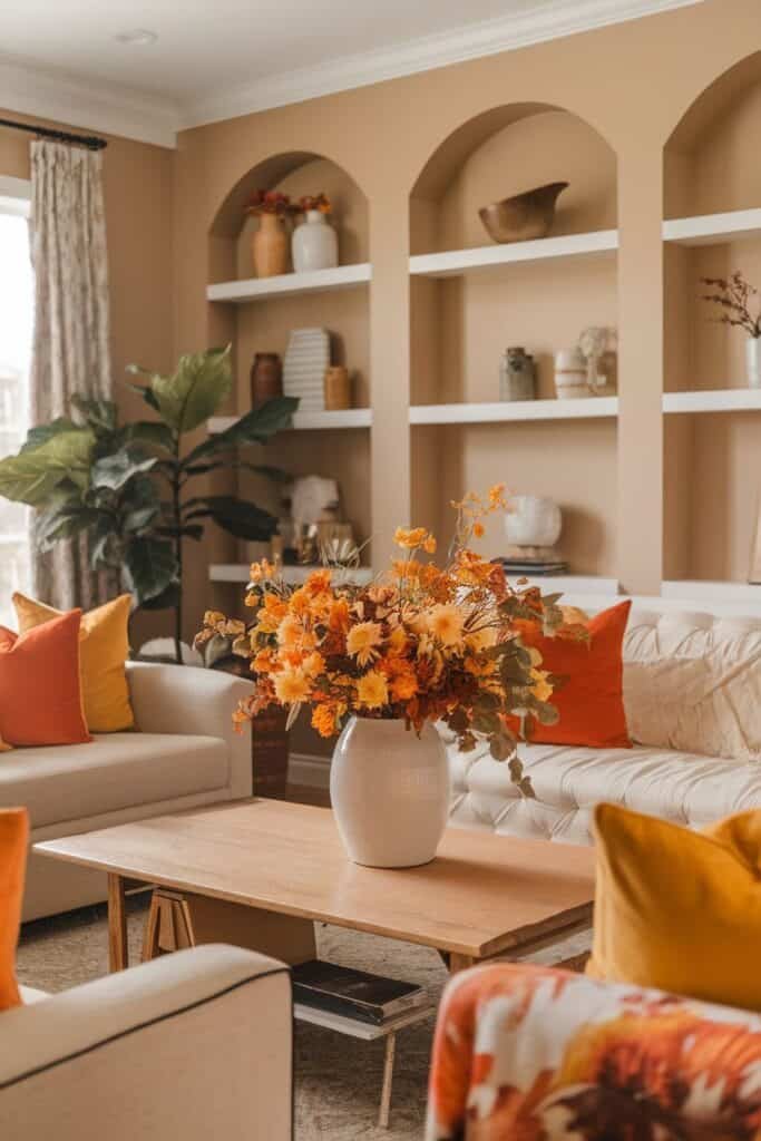 Cozy living room featuring a light beige color palette, a large floral arrangement in shades of orange and yellow, and decorative pillows on a cream sofa. The background includes open shelving with various vases and a green plant, creating a warm and inviting atmosphere.