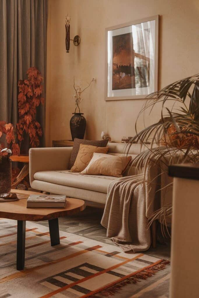 Cozy living room featuring a beige sofa adorned with decorative pillows, a wooden coffee table, and a patterned area rug. The space is enhanced by warm-toned walls, potted plants, and framed artwork, creating an inviting atmosphere.